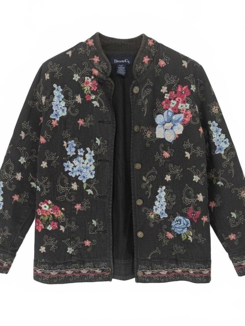 Denim & Co. Embroidered Denim Jacket | Women's Small | Black Floral | Y2K